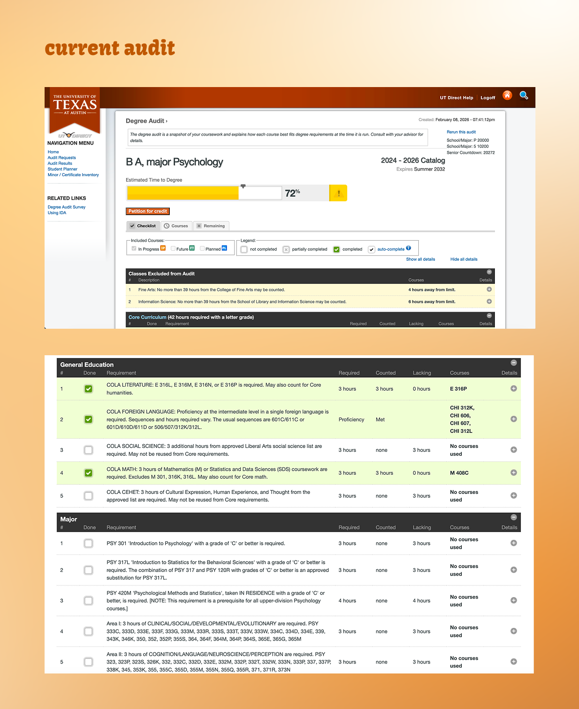 current degree audit interface showing dense requirements